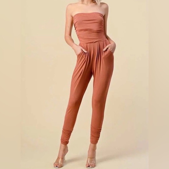 Heart Hips Pants - Heart Hips Strapless Jumpsuit in Brown